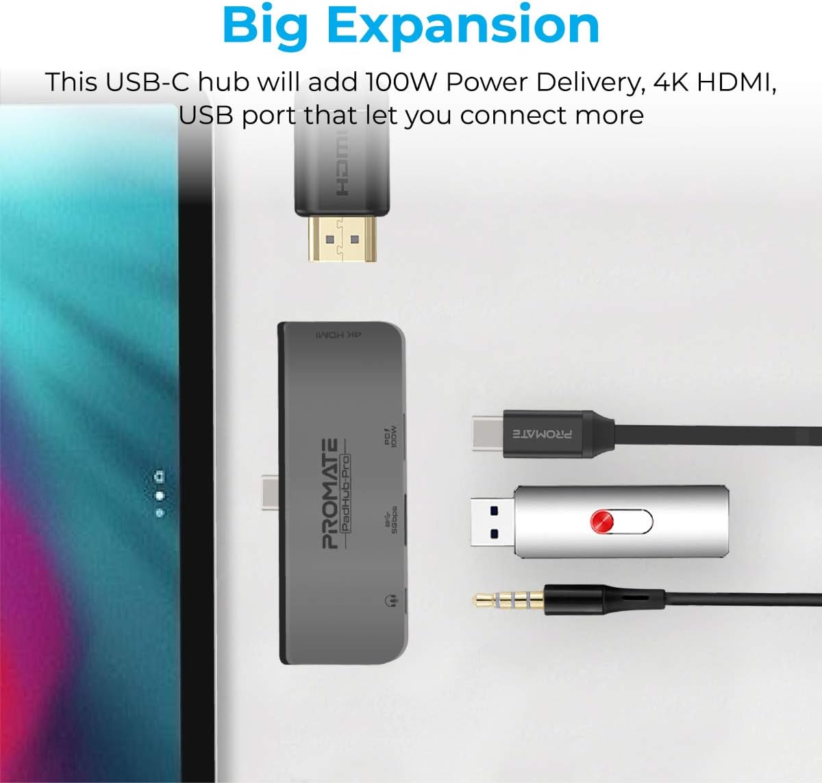 Promate USB-C Hub, 4-in-1 Multi-Media Type-C Adapter with 100W