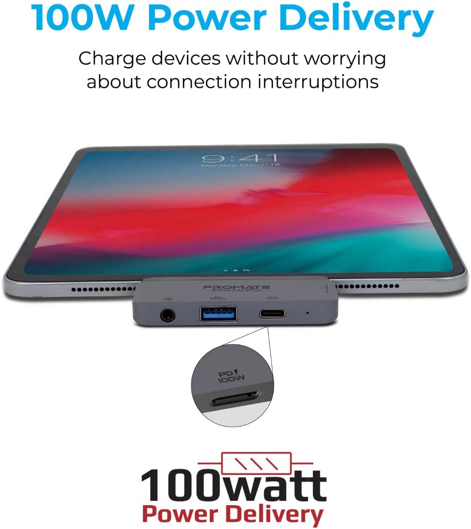 Promate USB-C Hub, 4-in-1 Multi-Media Type-C Adapter with 100W