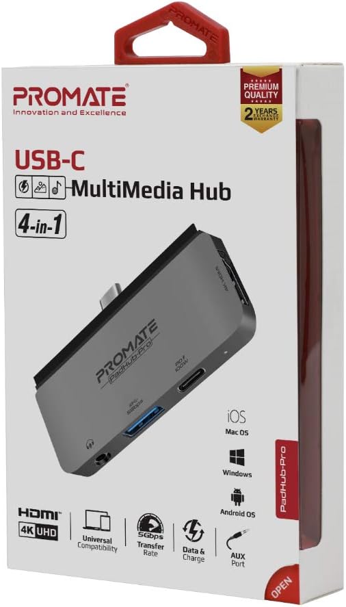 Promate USB-C Hub, 4-in-1 Multi-Media Type-C Adapter with 100W