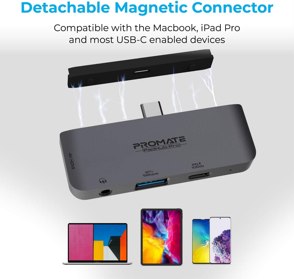 Promate USB-C Hub, 4-in-1 Multi-Media Type-C Adapter with 100W