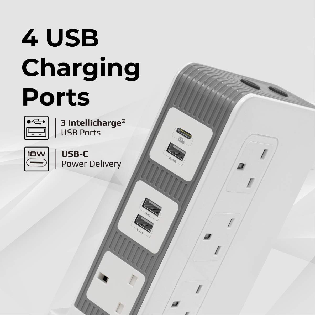 Promate Power Strip with USB-C Port, 10 Outlets Multi Plug Extension with Smart 3 USB Ports