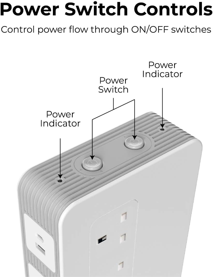 Promate Power Strip with USB-C Port, 10 Outlets Multi Plug Extension with Smart 3 USB Ports