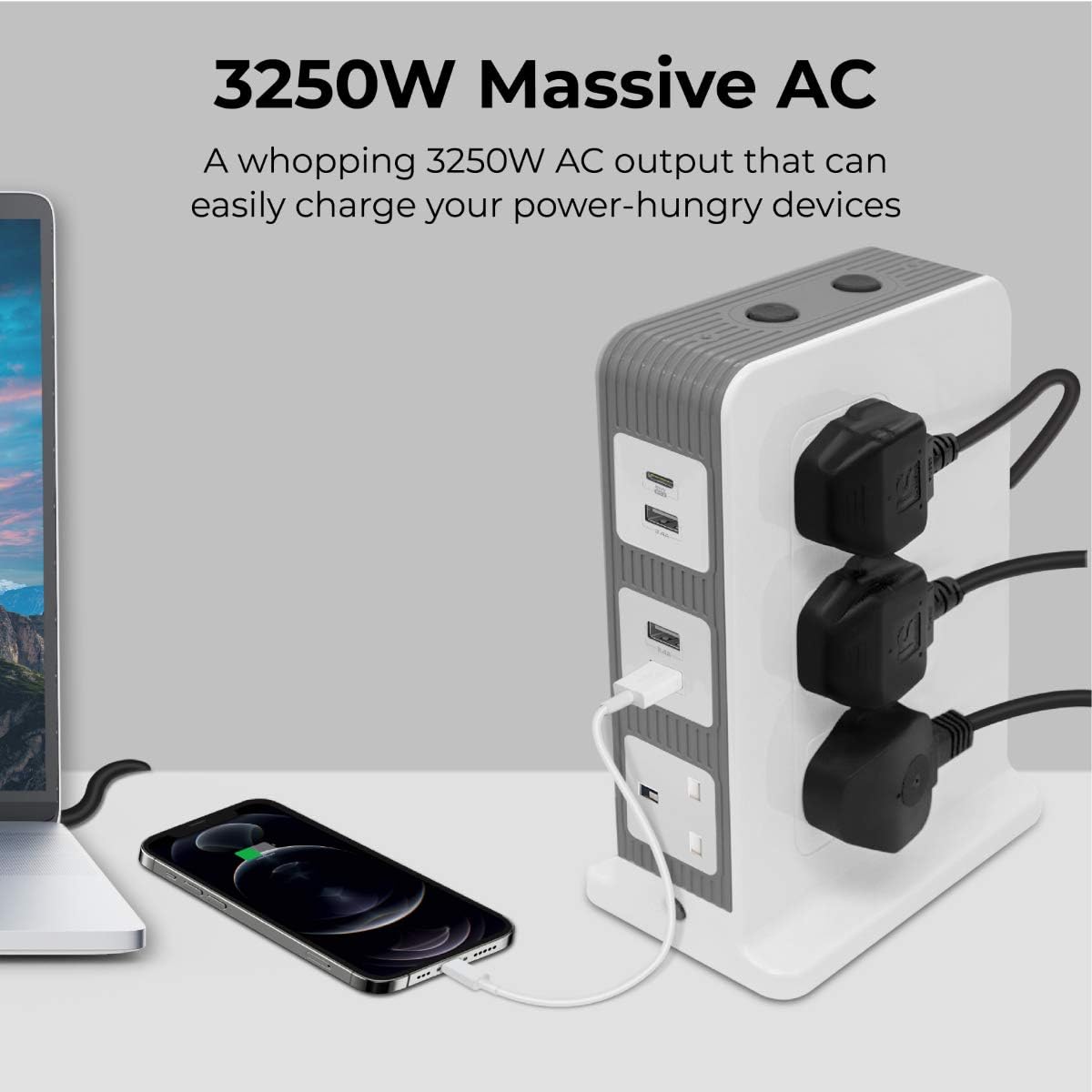 Promate Power Strip with USB-C Port, 10 Outlets Multi Plug Extension with Smart 3 USB Ports