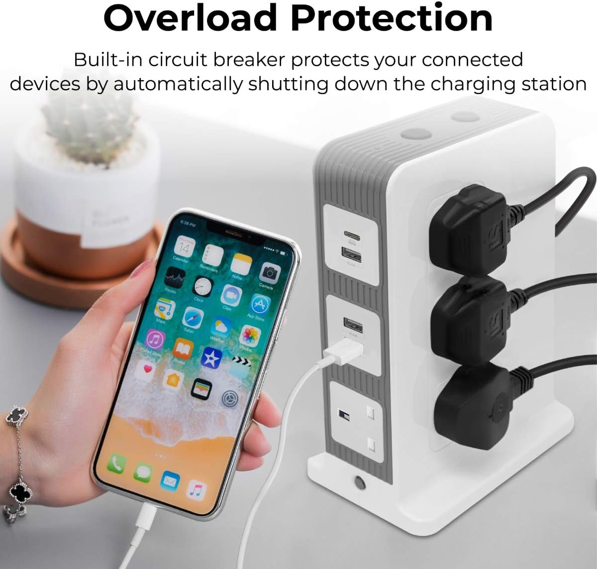 Promate Power Strip with USB-C Port, 10 Outlets Multi Plug Extension with Smart 3 USB Ports