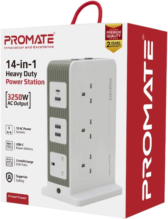 Promate Power Strip with USB-C Port, 10 Outlets Multi Plug Extension with Smart 3 USB Ports