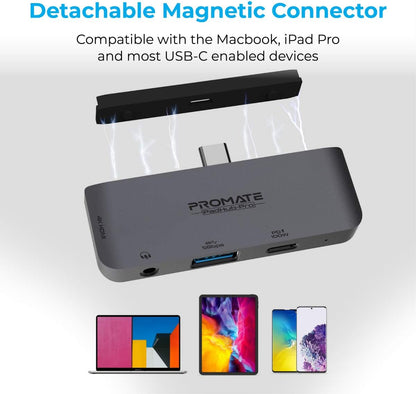 Promate USB-C Hub, 4-in-1 Multi-Media Type-C Adapter with 100W