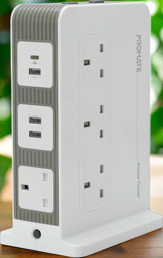 Promate Power Strip with USB-C Port, 10 Outlets Multi Plug Extension with Smart 3 USB Ports