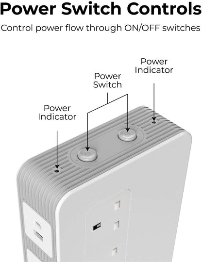 Promate Power Strip with USB-C Port, 10 Outlets Multi Plug Extension with Smart 3 USB Ports