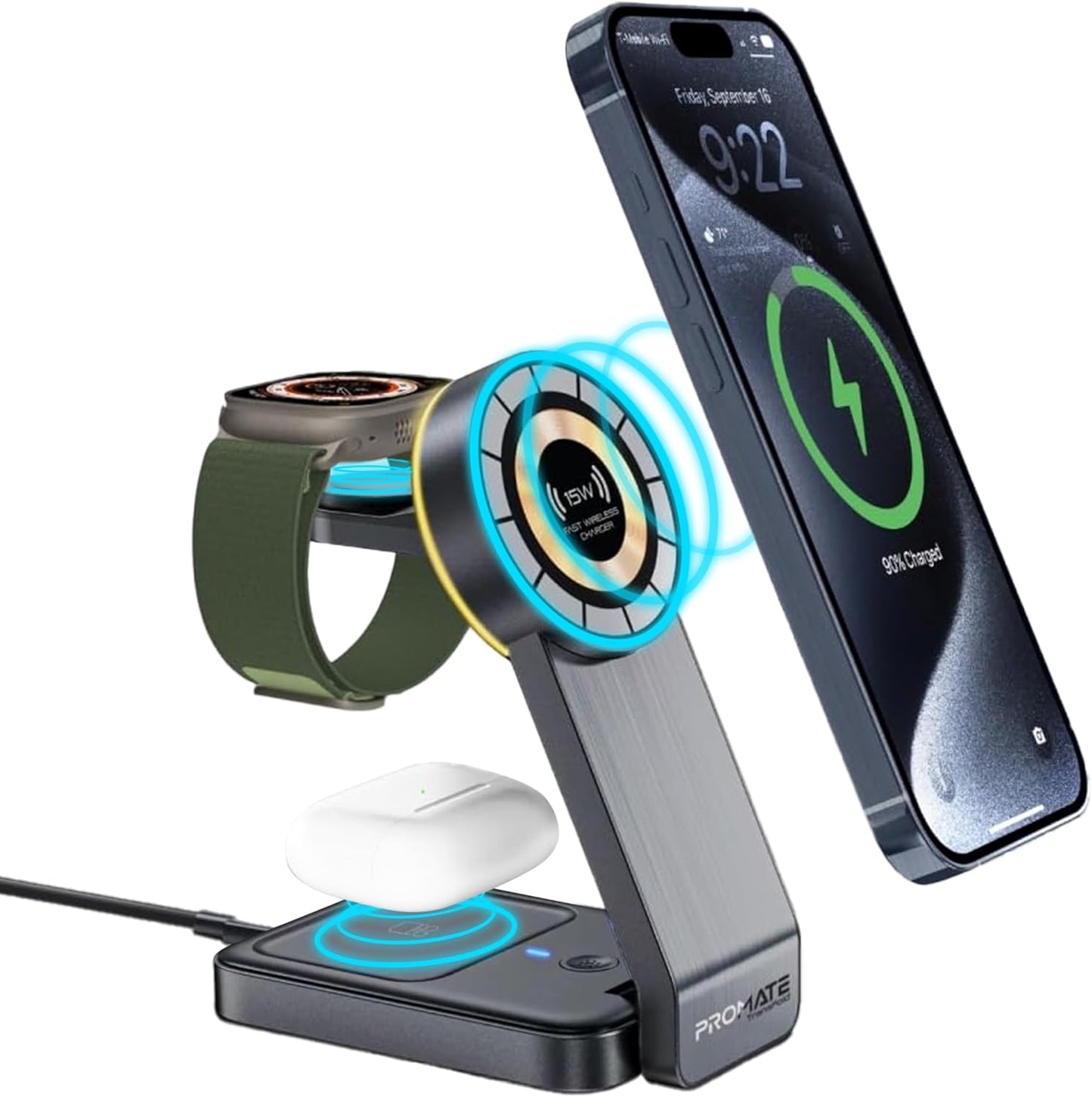 Promate Charging Station, 3-in-1 Slim Transparent Foldable Charging Dock