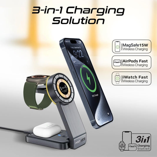 Promate Charging Station, 3-in-1 Slim Transparent Foldable Charging Dock