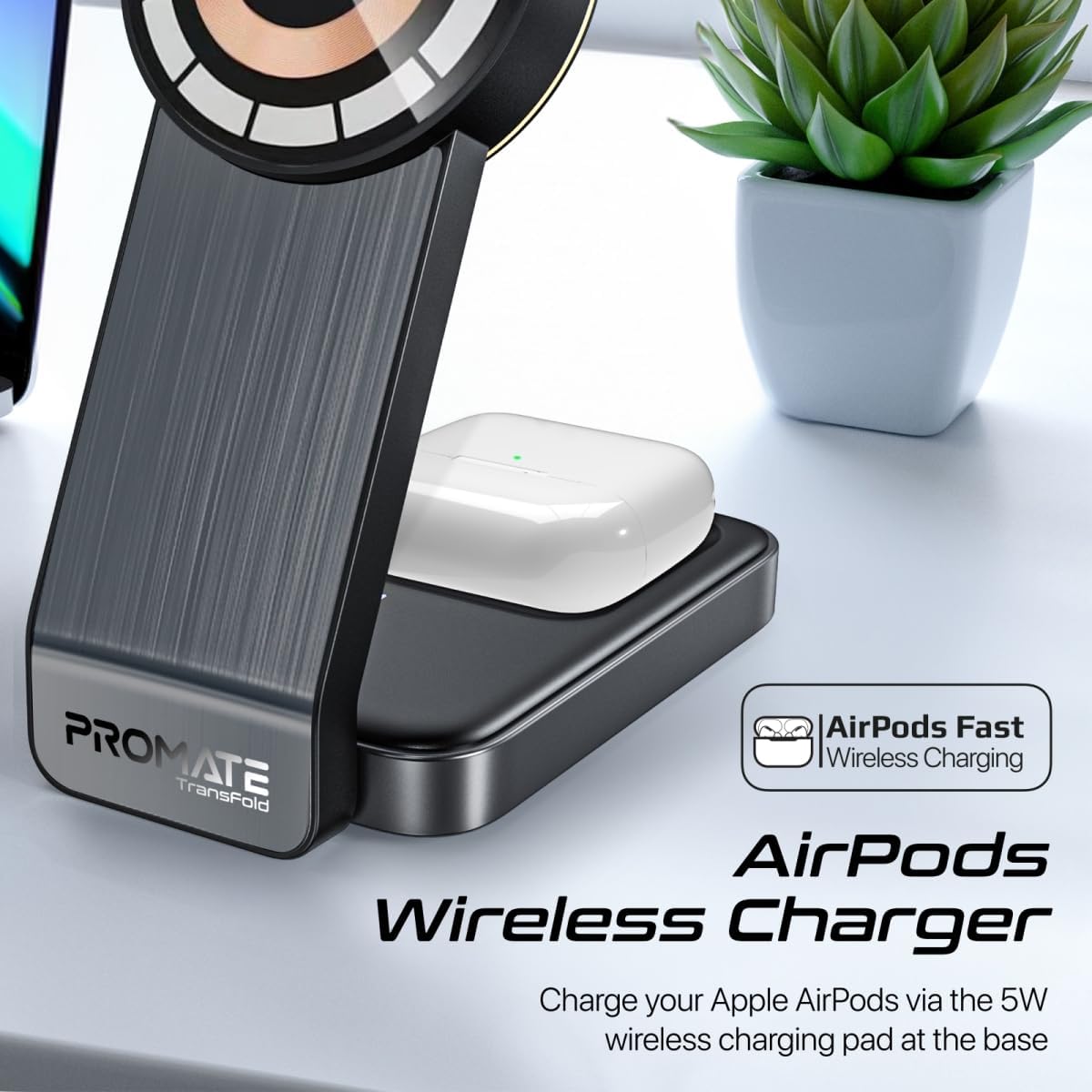 Promate Charging Station, 3-in-1 Slim Transparent Foldable Charging Dock