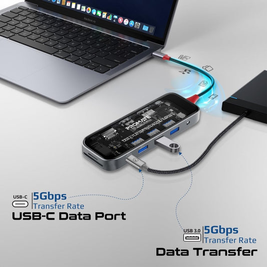 Promate USB-C Hub, 11-in-1 Multi-Display Hub with Dual 4K HDMI